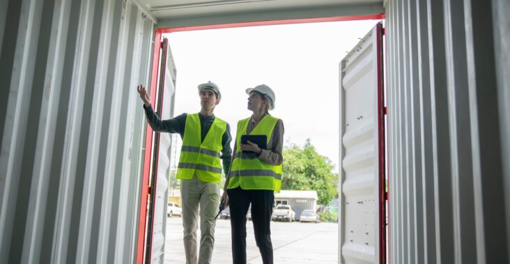 Foreman are discussing for stack container at cargo site logistics service transportation.