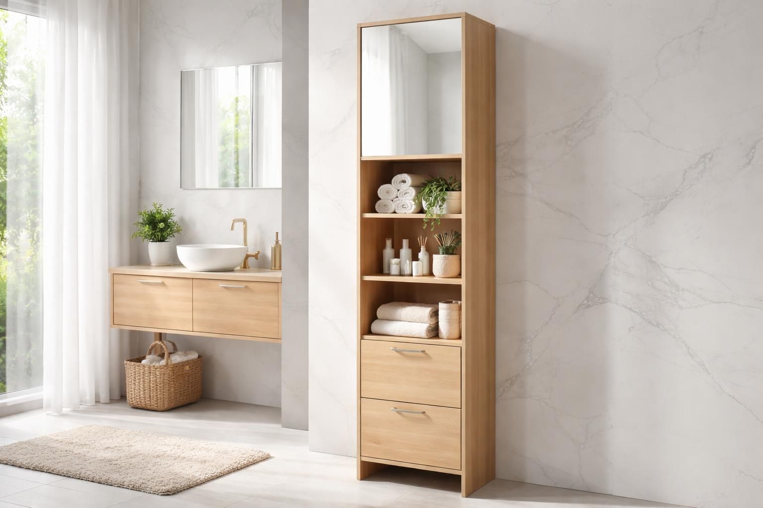 découvrez notre meuble colonne de salle de bain avec miroir, alliant rangement pratique et design élégant pour optimiser votre espace avec style.
