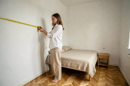 Femme mesurant les dimensions d'une chambre standard avec un mètre ruban pour optimiser l'aménagement de l'espace