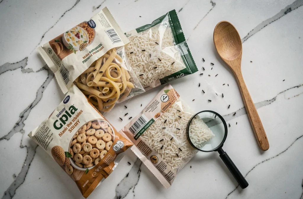Vue de dessus d'aliments contaminés par des insectes noirs sur un plan de travail en marbre blanc