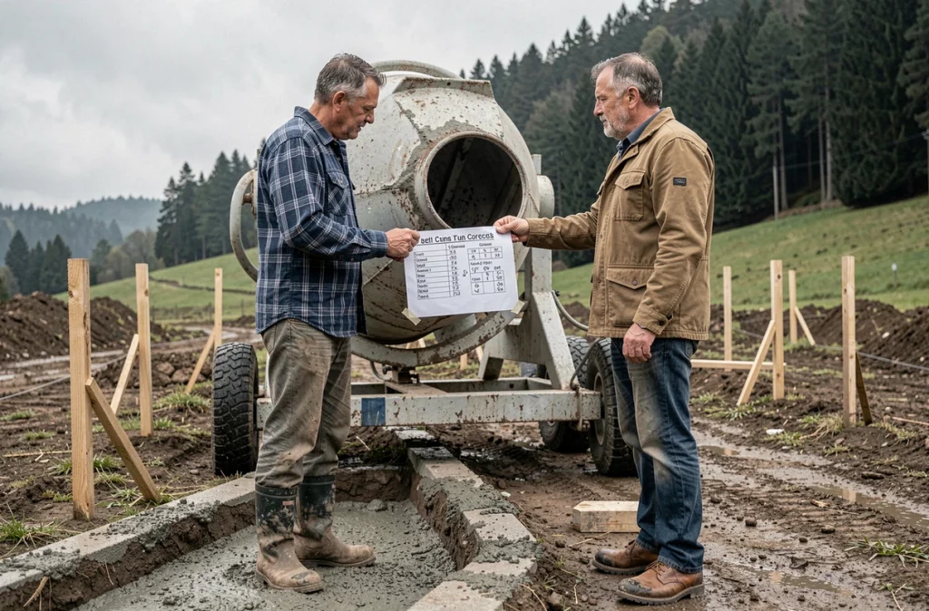 Deux auto-constructeurs consultant un tableau de calcul de volume béton en m3 affiché sur une bétonnière lors du coulage d'une tranchée de fondation sur un terrain en pente