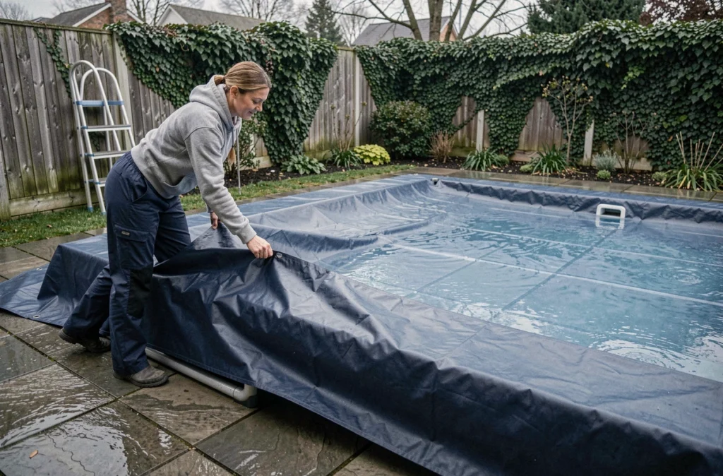 Femme installant une bâche hivernale sur une piscine rectangulaire dans un jardin en automne