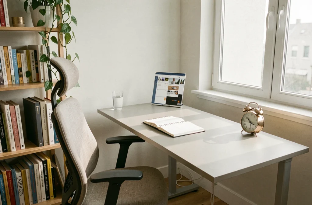 Bureau de télétravail organisé avec réveil simulateur d'aube, agenda ouvert et plante verte, atmosphère matinale propice à la productivité