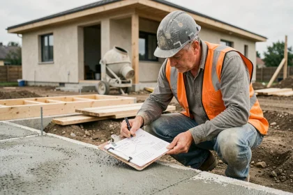 Homme en tenue de chantier calculant le volume de béton nécessaire pour une fondation d'auto-construction, tenant un plan annoté devant une dalle en cours de coulage