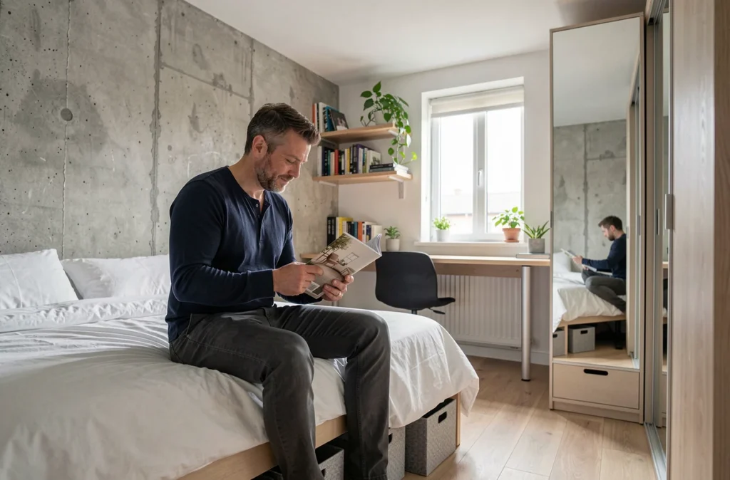 Homme assis dans une chambre optimisée avec des rangements intelligents adaptés à un espace de taille standard en appartement urbain