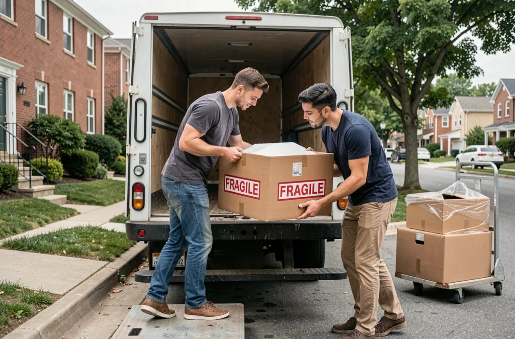 Couple chargeant un carton fragile emballé dans un camion de déménagement