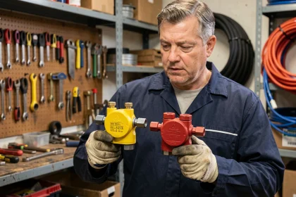 Plombier comparant un détendeur butane jaune et un détendeur propane rouge dans un atelier professionnel