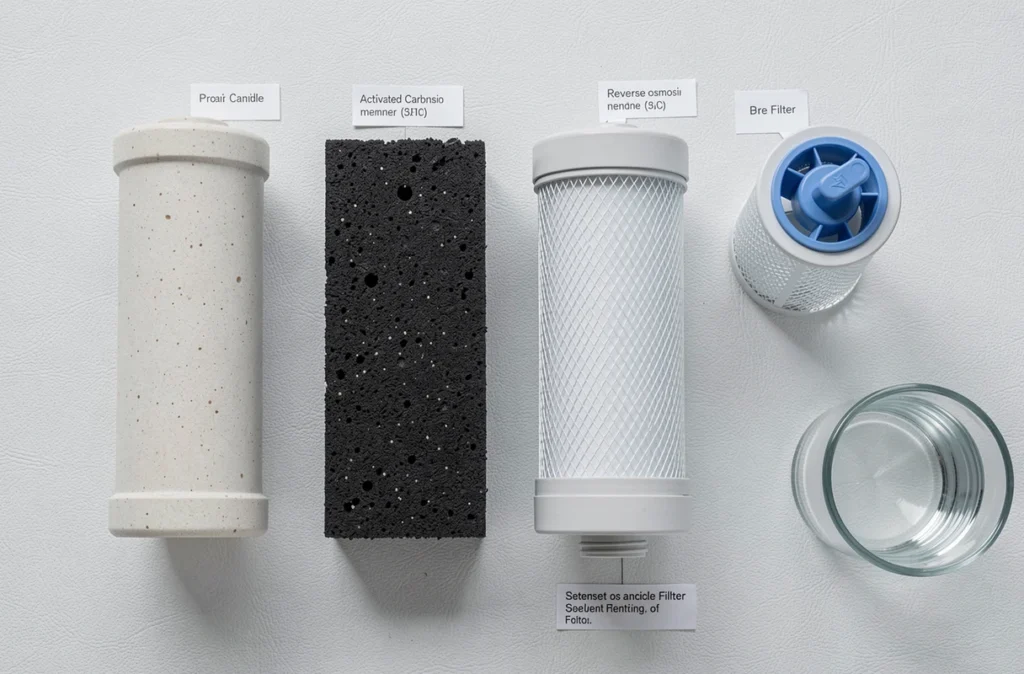 Comparatif de différents types de cartouches de filtration d'eau posées sur fond blanc pour un guide d'achat