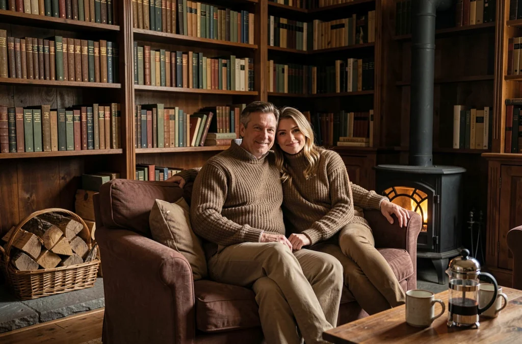 Couple en pull en laine dans une bibliothèque cosy avec poêle à bois et livres anciens pour une ambiance hygge hivernale
