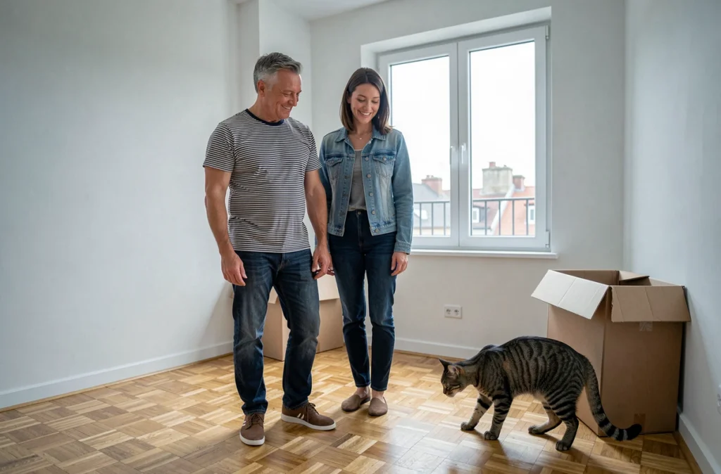 Couple observant leur chat explorer leur nouvel appartement après un déménagement
