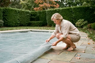 Femme installant une couverture de piscine pour protéger l'eau des feuilles et insectes dans un jardin résidentiel