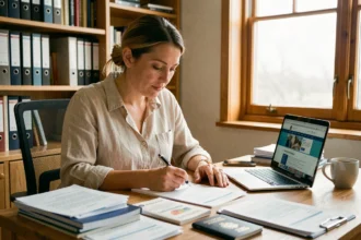 Femme préparant ses démarches administratives pour un déménagement à l'étranger, entourée de documents officiels et de passeports sur un bureau en bois