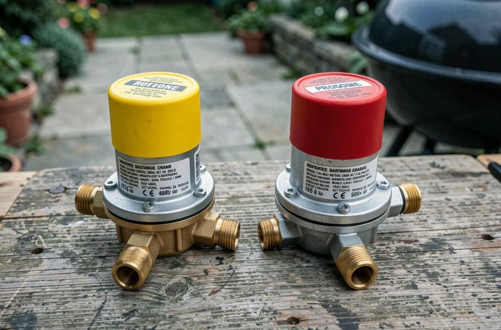 Détendeur butane et détendeur propane posés côte à côte sur un établi en bois avec étiquettes et raccords visibles