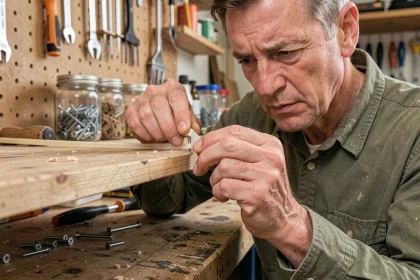Un homme utilisant un élastique pour dévisser une vis foirée sur une étagère en bois dans un atelier maison