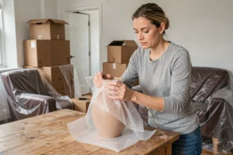 Femme emballant un vase fragile avec du papier bulle avant un déménagement