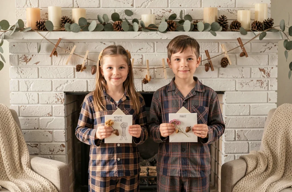Deux enfants en pyjama à carreaux devant un calendrier de l'avent artisanal sur un manteau de cheminée en brique blanche