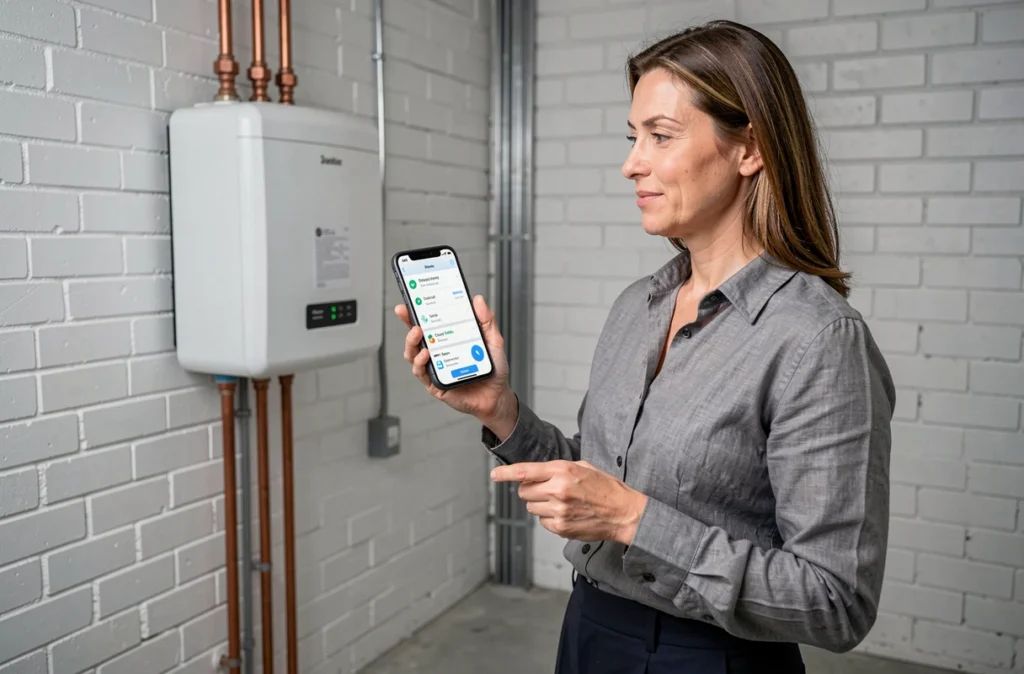 Femme consultant une application mobile de gestion automatisée du traitement de l'eau dans une chaufferie domestique