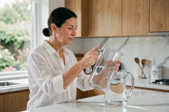 Femme examinant une carafe filtrante dans une cuisine moderne pour choisir le bon système de filtration d'eau