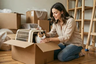 Femme préparant le transport de son chat dans une cage de voyage lors d'un déménagement