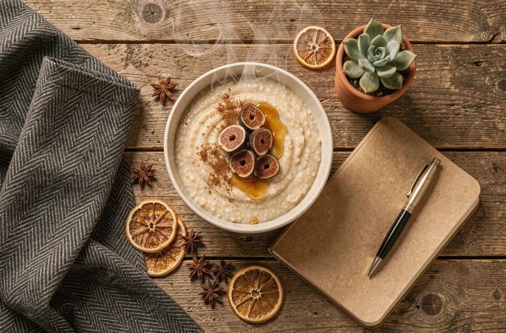 Flat-lay hygge hiver avec bol de porridge, plaid en laine grise, carnet et épices sur table en bois rustique