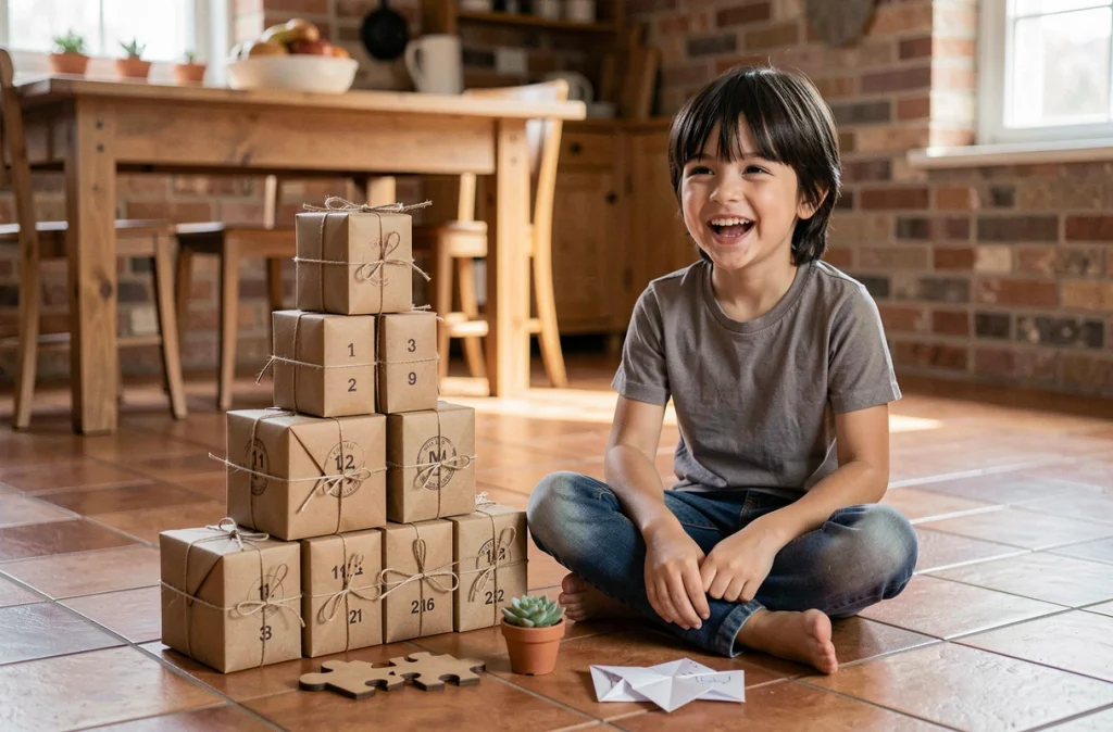 Garçon assis sur un parquet en bois découvrant les surprises d'un calendrier de l'avent en boîtes kraft numérotées