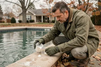 Homme ajoutant des produits hivernants dans une piscine en automne pour réussir l'hivernage
