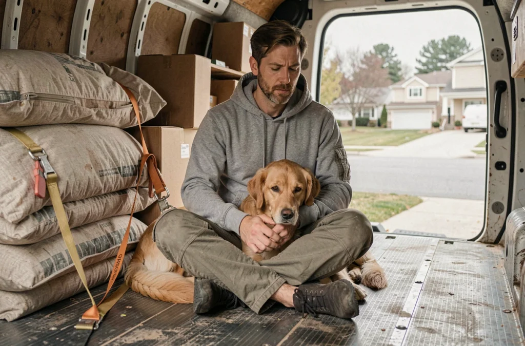 Homme et son chien golden retriever dans un camion de déménagement lors d'un transport