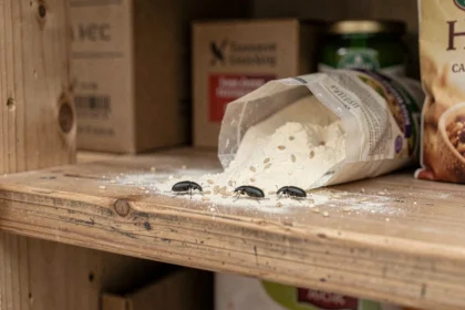Petits insectes noirs sur une étagère de placard de cuisine avec de la farine renversée et des denrées alimentaires