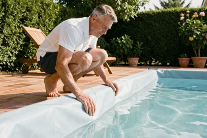 Homme inspectant le liner de sa piscine au bord du bassin dans un jardin résidentiel