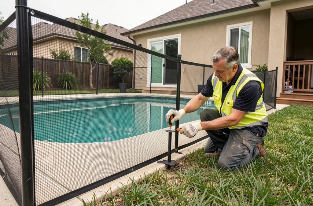 Technicien installant une clôture de sécurité amovible autour d'une piscine pour prévenir les noyades d'enfants en bas âge