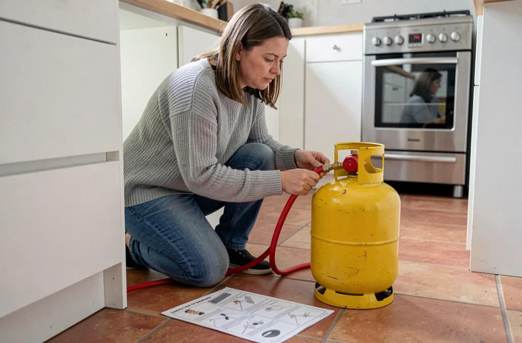 Femme connectant un détendeur propane à une bouteille de gaz dans une cuisine moderne avec fiche de sécurité