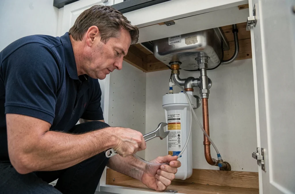 Homme installant un système de filtration d'eau sous évier avec clé à molette dans un placard de cuisine
