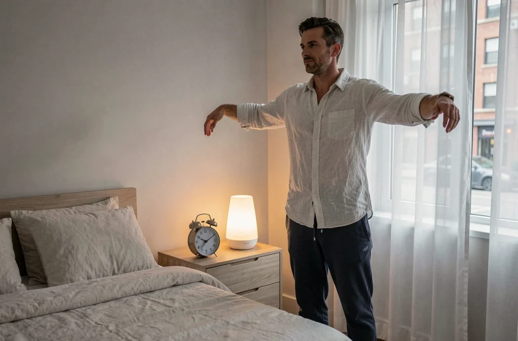 Homme se réveillant grâce à une lampe de simulation d'aube posée sur une table de nuit minimaliste, idéale pour structurer le télétravail