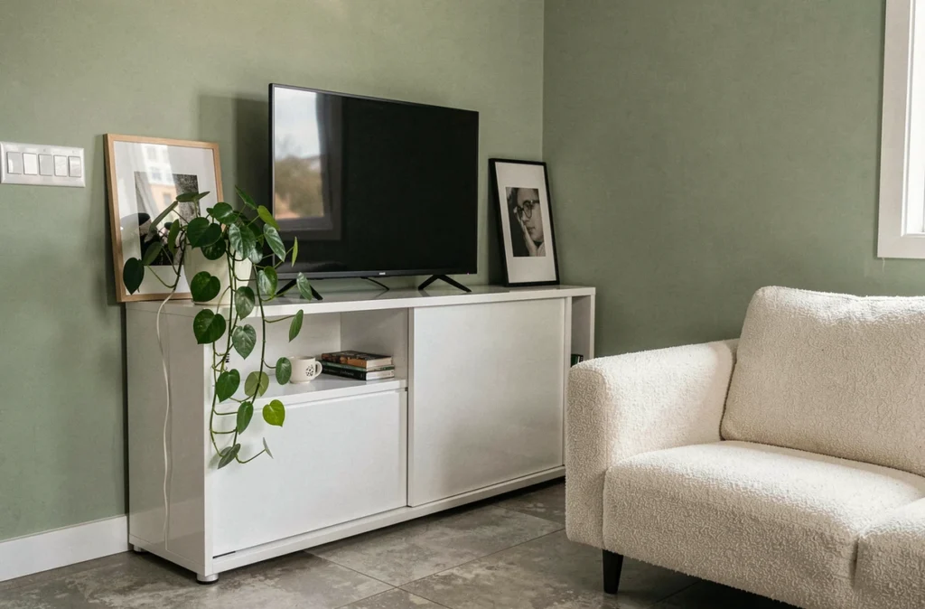 Meuble TV d'angle blanc laqué avec rangements fermés dans un petit appartement au mur vert sauge