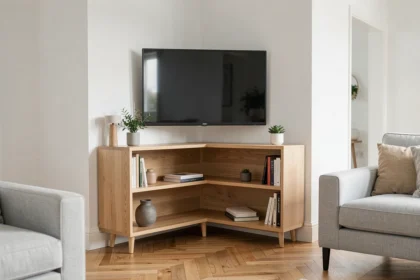 Meuble TV d'angle en chêne clair dans un salon moderne minimaliste avec parquet en chevrons