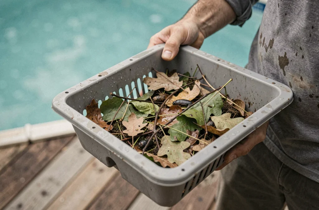 Panier de skimmer de piscine rempli de feuilles mortes et d'insectes lors d'un entretien quotidien