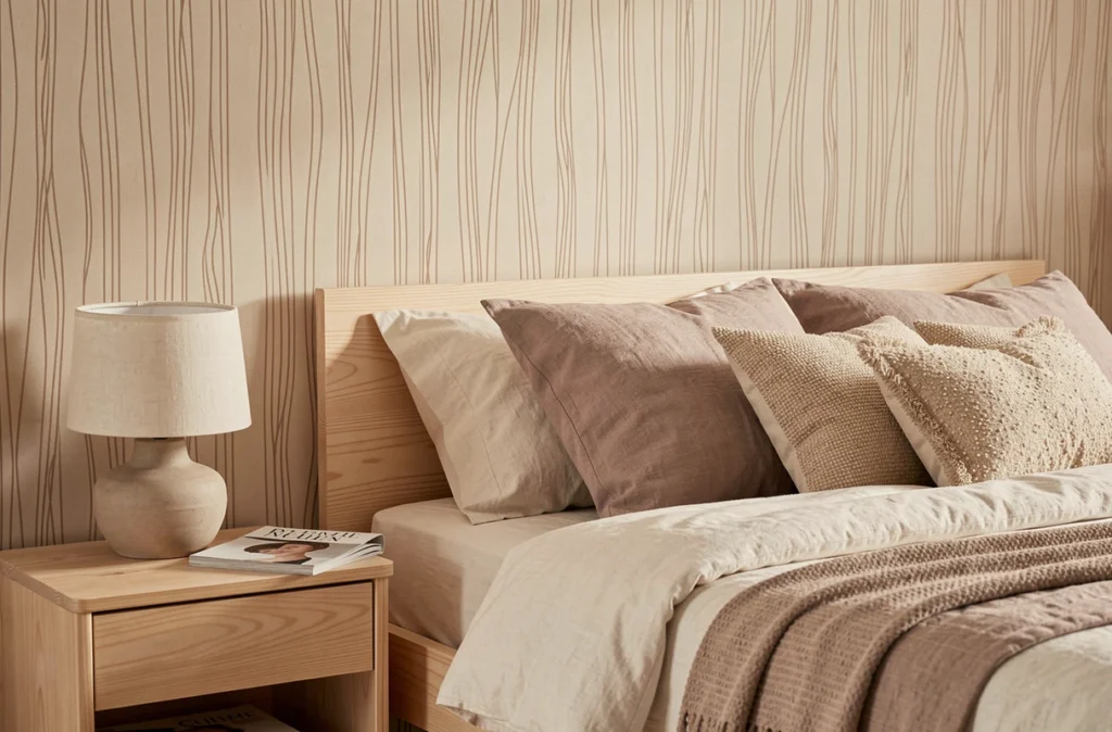 Chambre à coucher avec papier peint beige motif bois clair en tête de lit