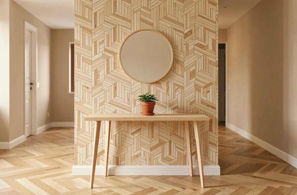 Couloir avec niche décorée de papier peint beige motif bois et console en bois clair