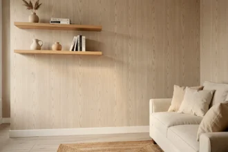 Salon moderne avec papier peint motif bois beige et étagères en chêne clair