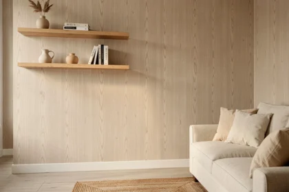 Salon moderne avec papier peint motif bois beige et étagères en chêne clair