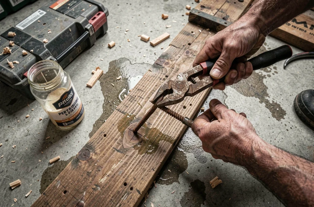 Mains serrant une pince étau pour extraire une vis foirée rouillée d'une planche en bois dans un garage