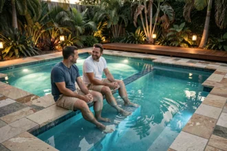 Couple profitant d'une piscine éclairée en soirée avec des spots immergés LED turquoise