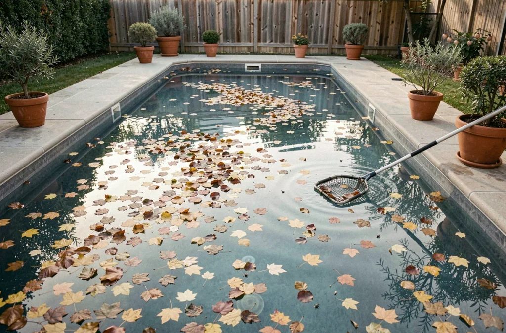 Piscine extérieure couverte de feuilles mortes en automne avec épuisette posée sur le bord pour l'entretien quotidien