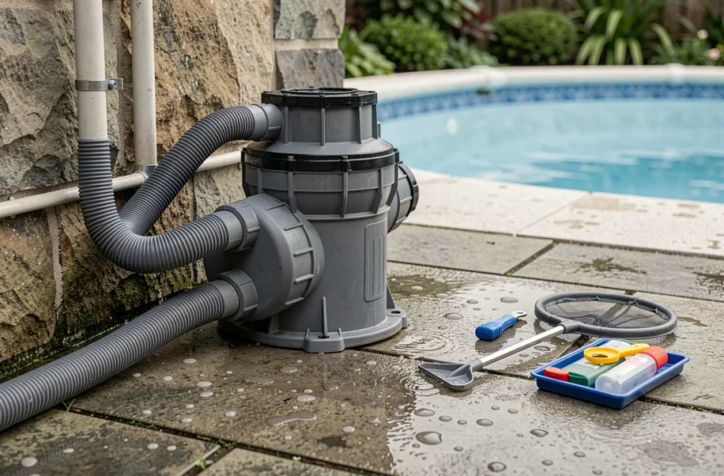 Détail de la pompe filtrante d'une piscine hors sol avec accessoires d'entretien sur dallage de jardin urbain