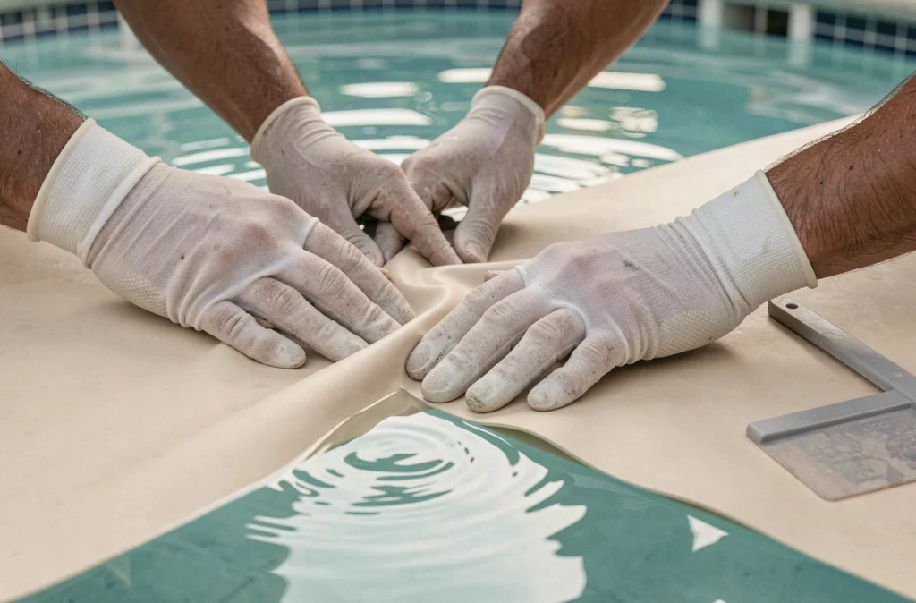Gros plan de mains lissant un pli sur le liner de piscine sous l'eau avec un outil de réparation