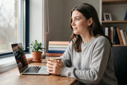 Femme en télétravail savourant son café du matin près d'une fenêtre lumineuse, structurant sa journée depuis son bureau à domicile