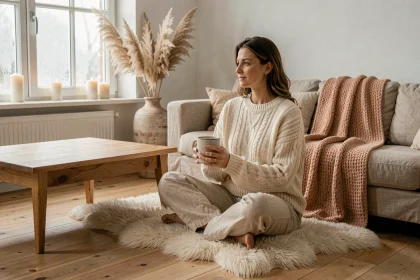 Femme en pull en laine crème tenant une tasse en céramique dans un salon hygge scandinave avec tapis en peau de mouton et bougies en hiver