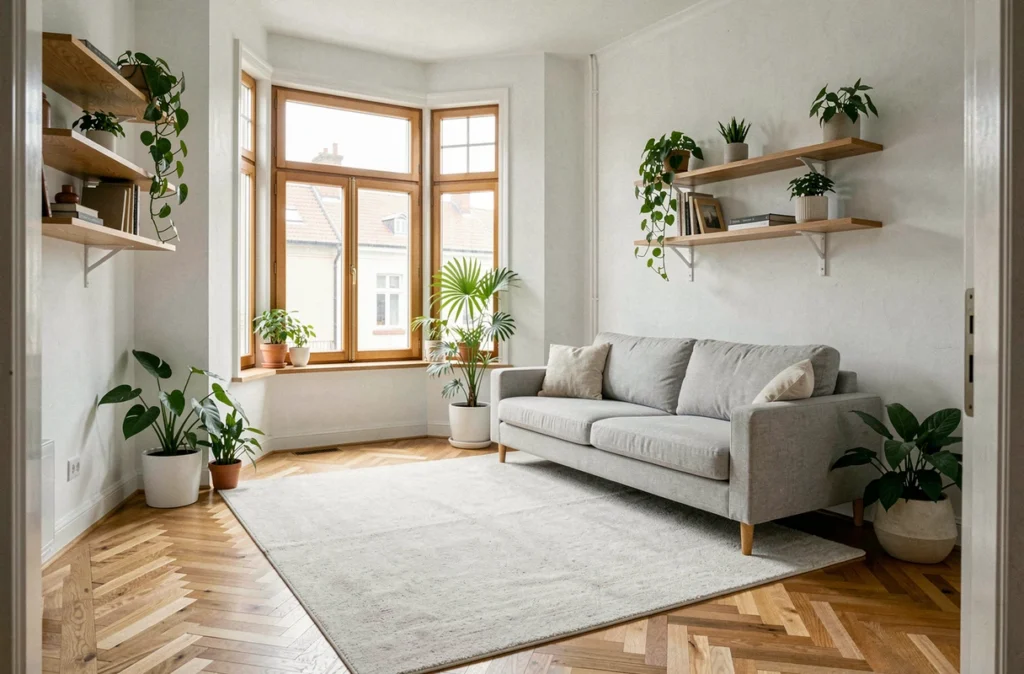 Salon décoré style scandinave avec des murs peints en blanc Action, étagères en chêne et plantes vertes pour une ambiance lumineuse