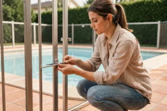 Mère installant un verrou de sécurité sur le portail d'accès à une piscine résidentielle pour protéger les jeunes enfants