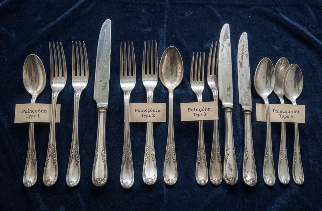 Service de couverts en argent ancien disposé en flatlay sur velours marine, avec poinçons et cartels d'identification visibles